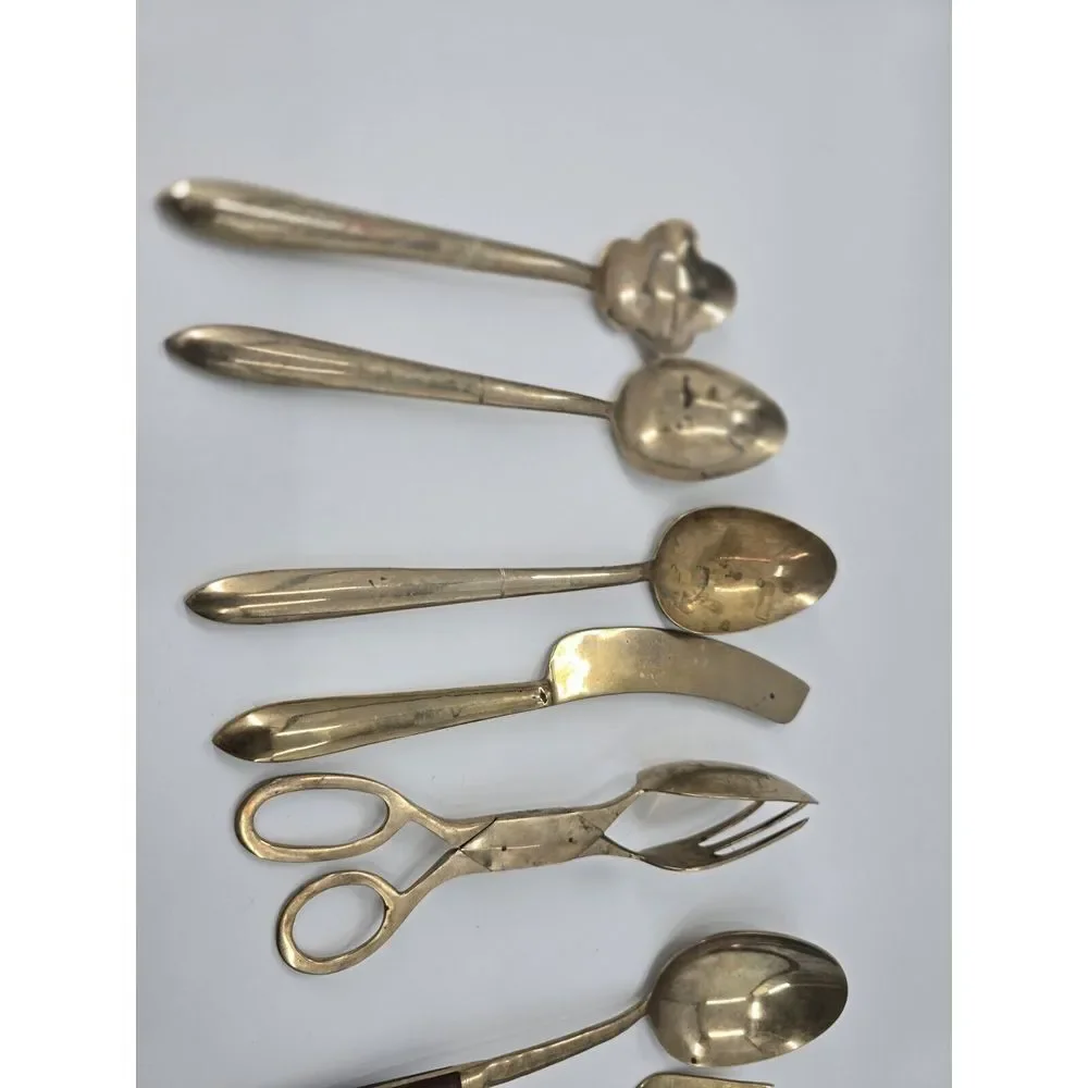 8 Pc Vintage  Piece Flatware Serving‎ Set THAILAND Bronze & Wood
